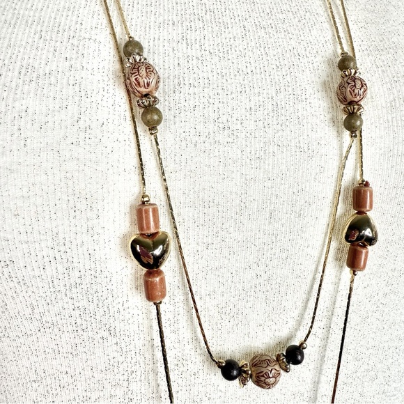 18 Inch Puffy Hearts and Beads Double Strand Gold Plated Island Necklace - Picture 5 of 15